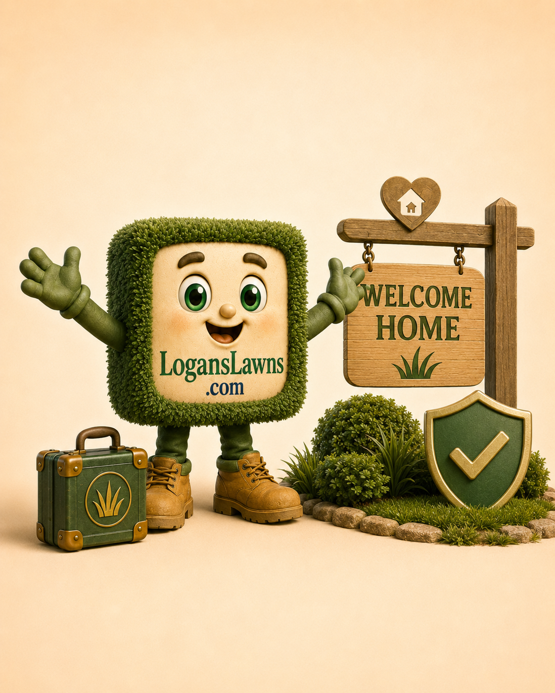 The LogansLawns.com character happily arriving at its new lawn-care business home