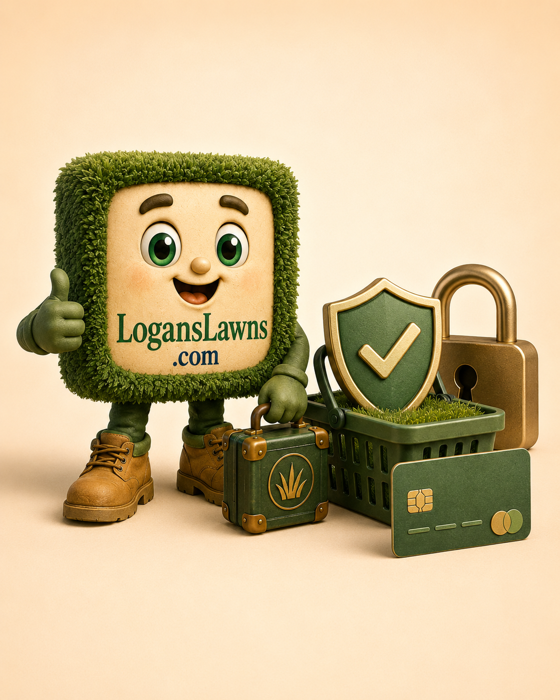 The LogansLawns.com grass-covered house character standing beside a friendly checkout button and a padlocked payment card