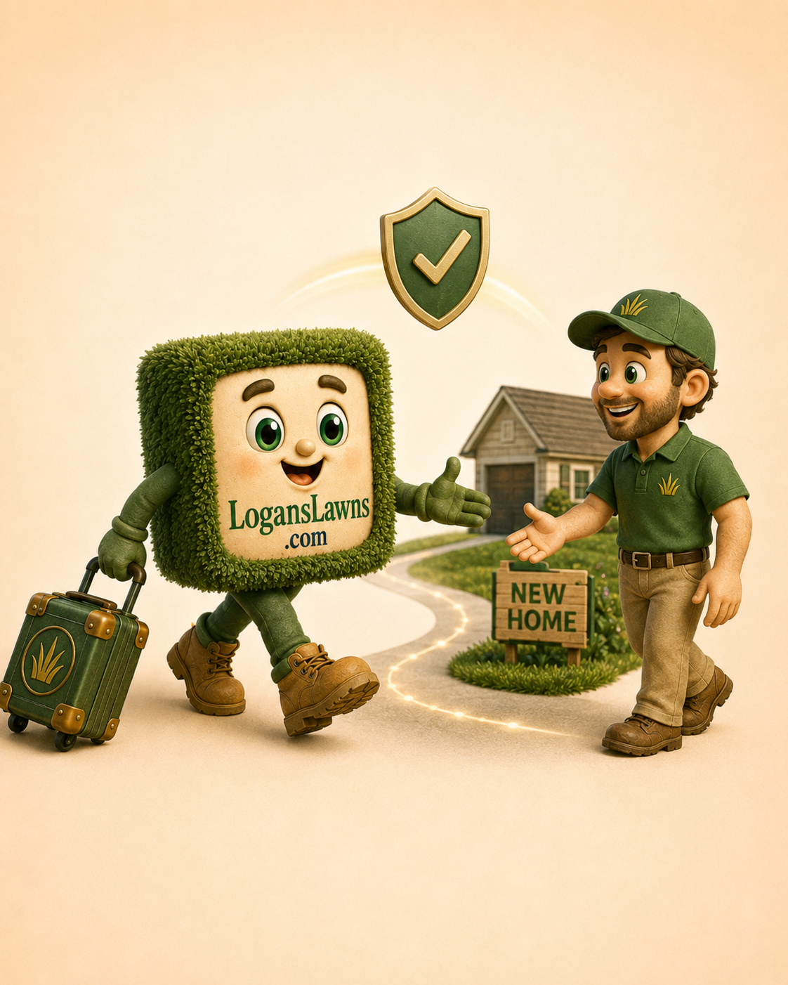 The LogansLawns.com character being guided safely along an arrow from one side to the other